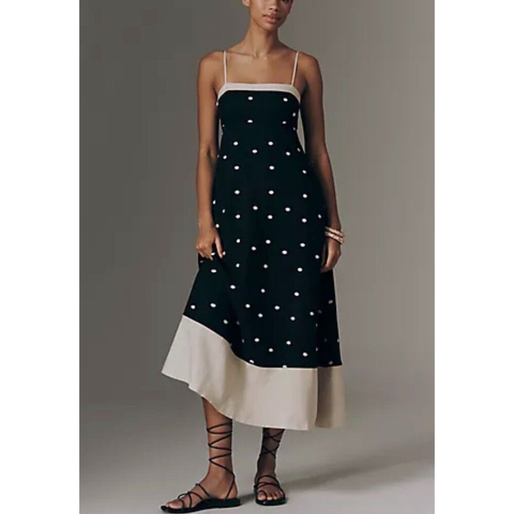 Maude Club Jacky Polka Dot Linen Maxi Dress Black Sand Size Small S NWOT